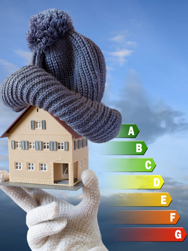 Energy efficiency label for house / heating and money savings - model of a house with cap in a hand in gloves.
